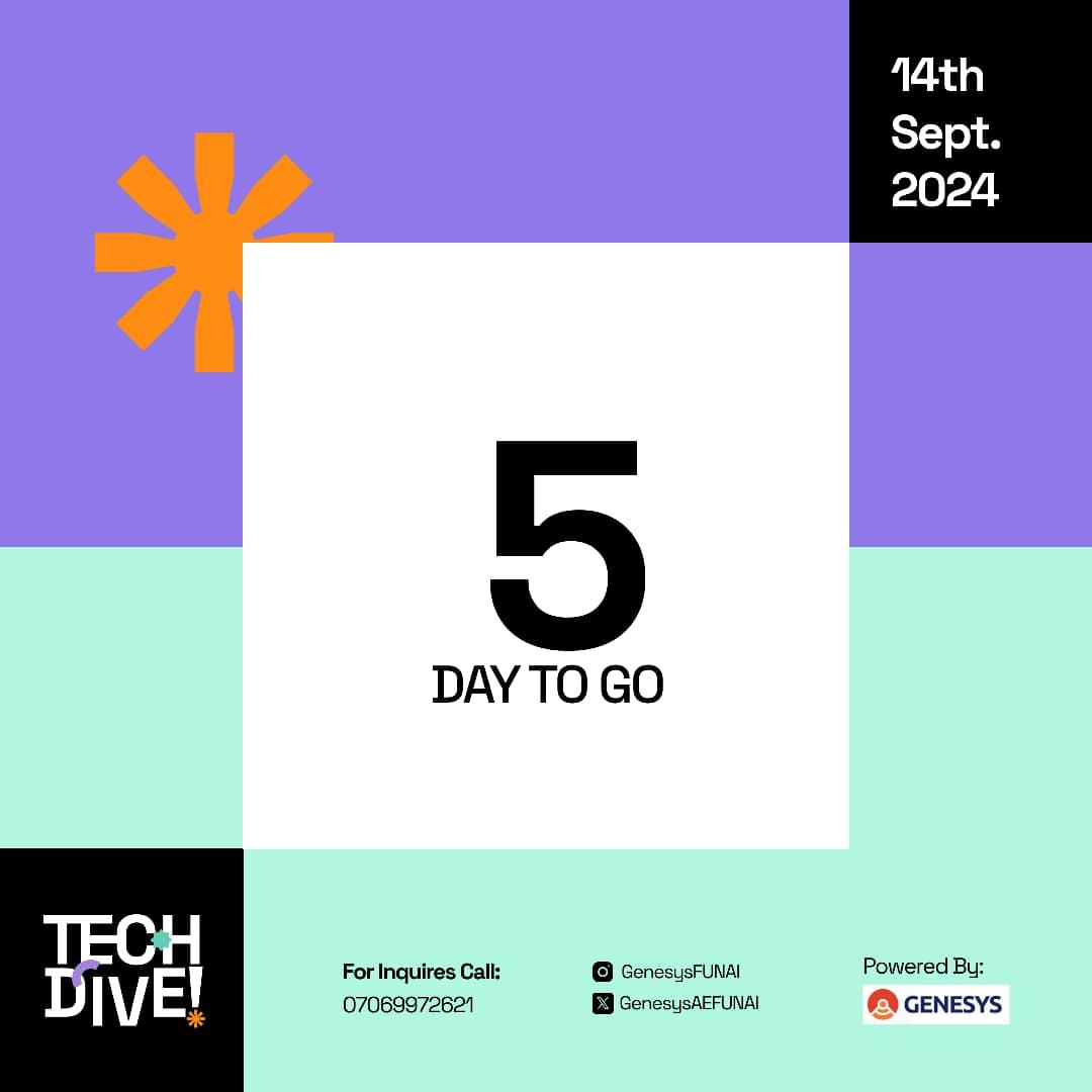 GenesysAEFUNAI's tweet photo. 5 days until #TECHDIVE! 🌊
This incredible event is happening on September 14th, and we can't wait to see you there.
Mark your calendars and get excited for a day of learning, networking, and fun!
Register here for TECH DIVE: https://t.co/cZz6gBVRum https://t.co/ADhXCvA0mL
