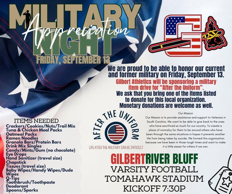 GilbertWrstling's tweet photo. Join us in Gilbert, America this Friday Night as the Indians host River Bluff. It is Military Appreciation Night at Tomahawk Stadium and Gilbert Wrestling is hosting the 50/50 Raffle  - don’t miss out on this big night for our Indians! #StayInTheCircle https://t.co/i4ZbLLX9zE