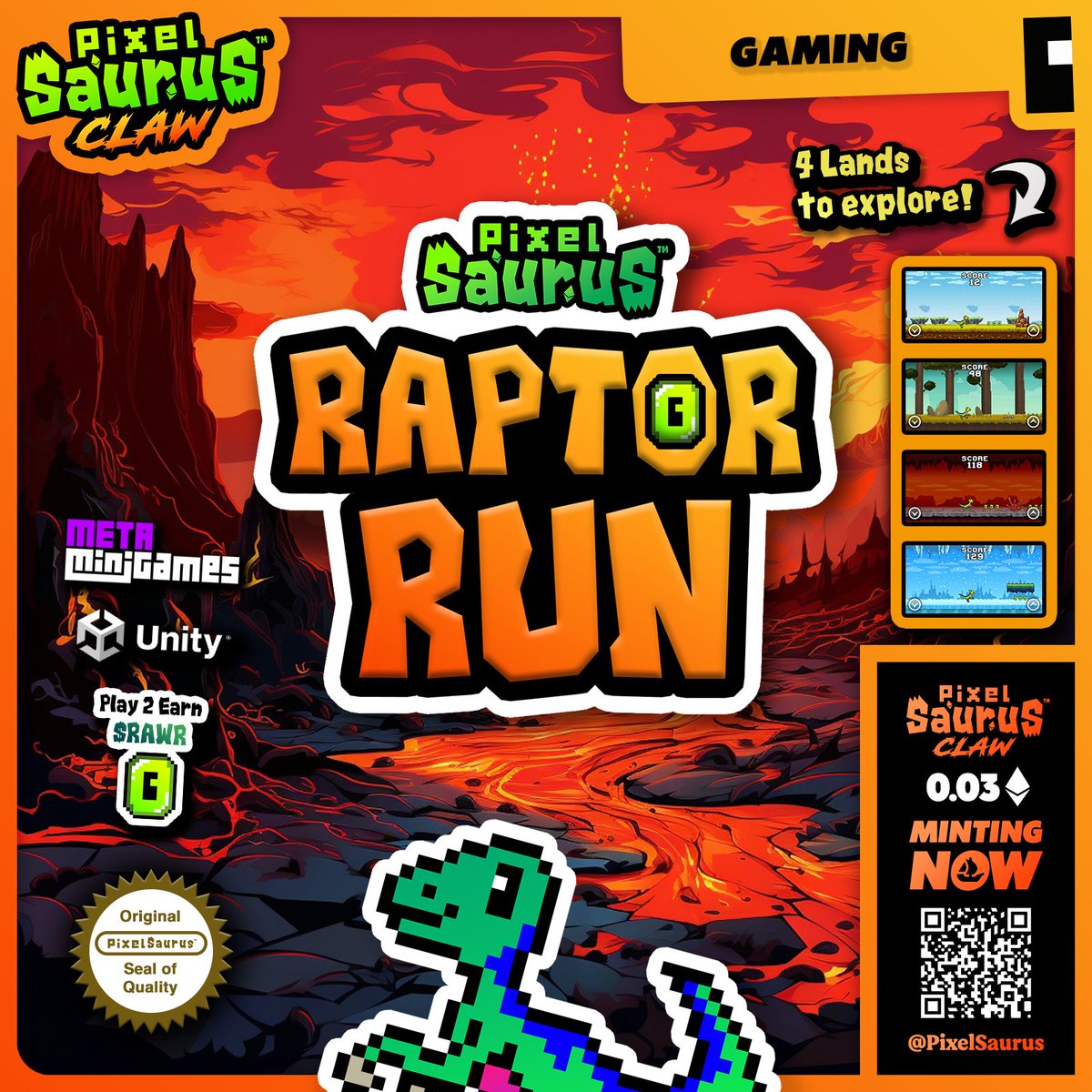 PixelSaurus's tweet photo. New challenge now LIVE for PixelSaurus® Raptor Run!

TOP 5 scores by the end of the month win $RAWR tokens, which can be used on our Prize Wheel!

🕹️  https://t.co/uGmWSugyF1

#web3gaming #gaming #nft #pixelsaurus https://t.co/pAil8owlPz