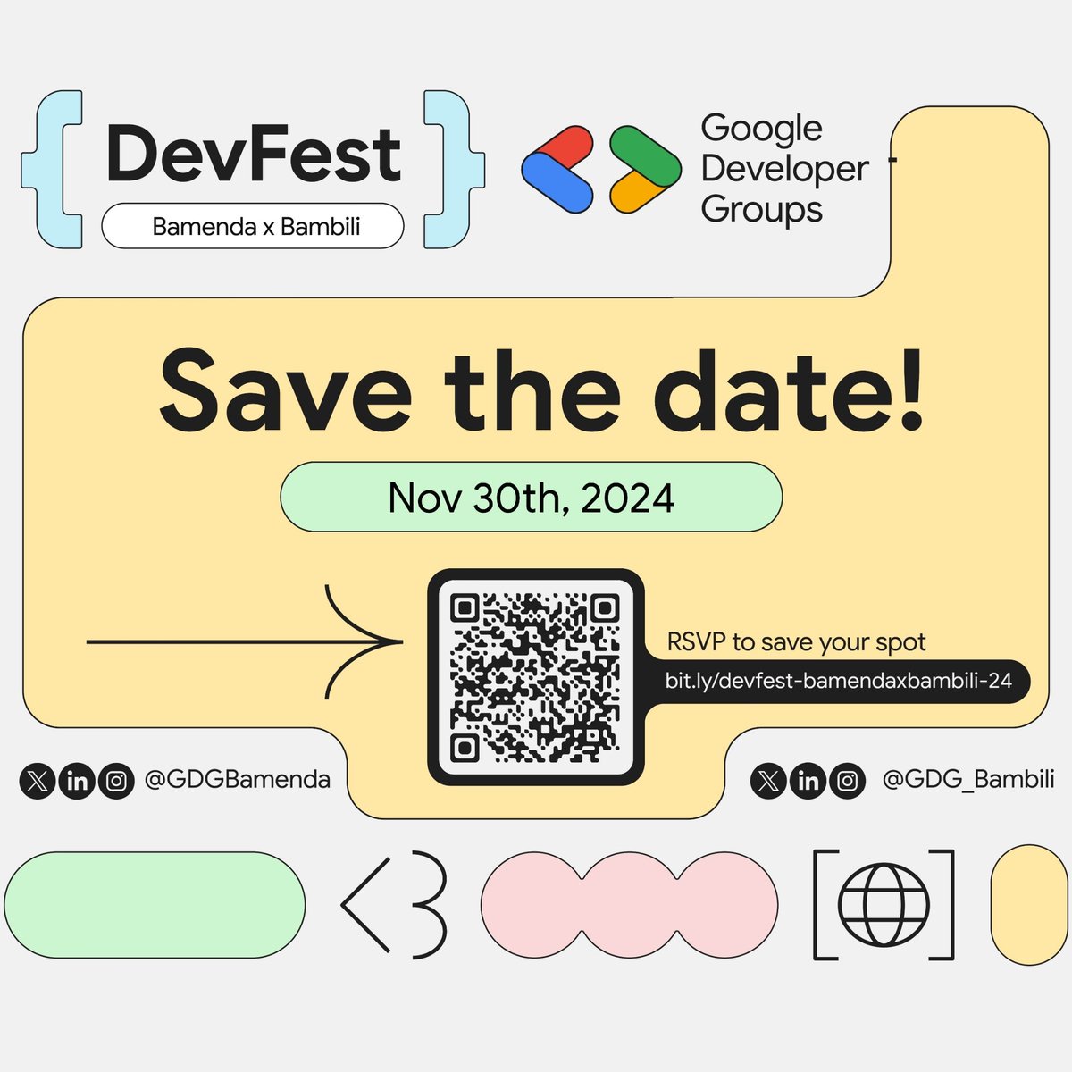 DevFest Bamenda X Bambili 2024✨🥳🥳
We are excited to invite you to DevFest Bamenda X Bambili 2024, the largest tech gathering of the year💫🔥
#DevfestBamendaxBambili2024
 #DevfestBamendaxBambili
 #Devfest
 #GDGBamenda
 #GDGBambili