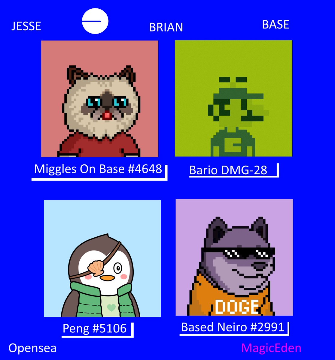 MigglesArtist's tweet photo. 💙 NFT Giveaway 💙

Prizes:
- Miggles On Base #4648
- Bario DMG-28
- Peng #5106
- Based Neiro #2991

Follow @MrMigglesOnBase @MigglesArtist , @BaseBario @BasePengs @neironft 
- Like &amp; RT
- Tag 4 Friends💙 https://t.co/fOA5lUsCEO