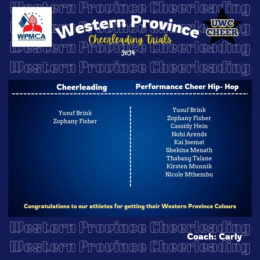 uwccheer's tweet photo. Congratulations to a few of our very own UWC Cheerleaders for getting their Western Province colours 🤍💛💙 #uwccheer #uwccheerleading #WeAreCaracals https://t.co/ubY4799TUw