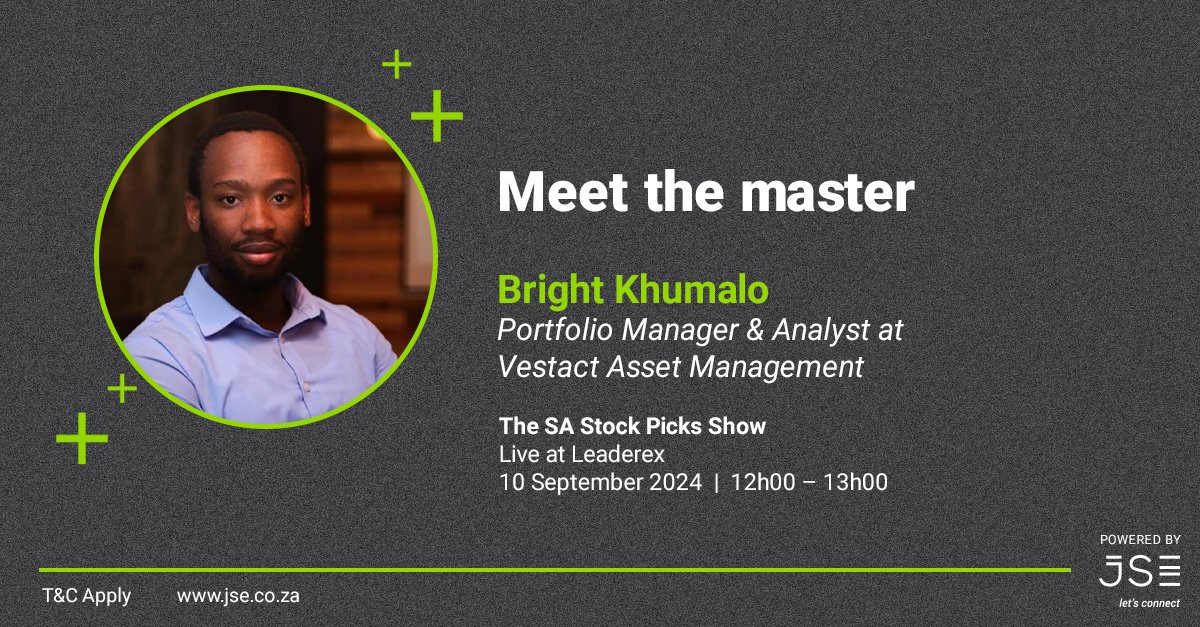 JSE_Group's tweet photo. Meet @DividendPapi, Portfolio Manager in both the NYSE &amp; JSE at Vestact Asset Management. 
He is a money manager, an avid reader, and TV show presenter. Join Bright on 10 September live at #Leaderex.

Link: https://t.co/2cjTTQ95j7

#SAStockPicks https://t.co/wd4wdKUDhR