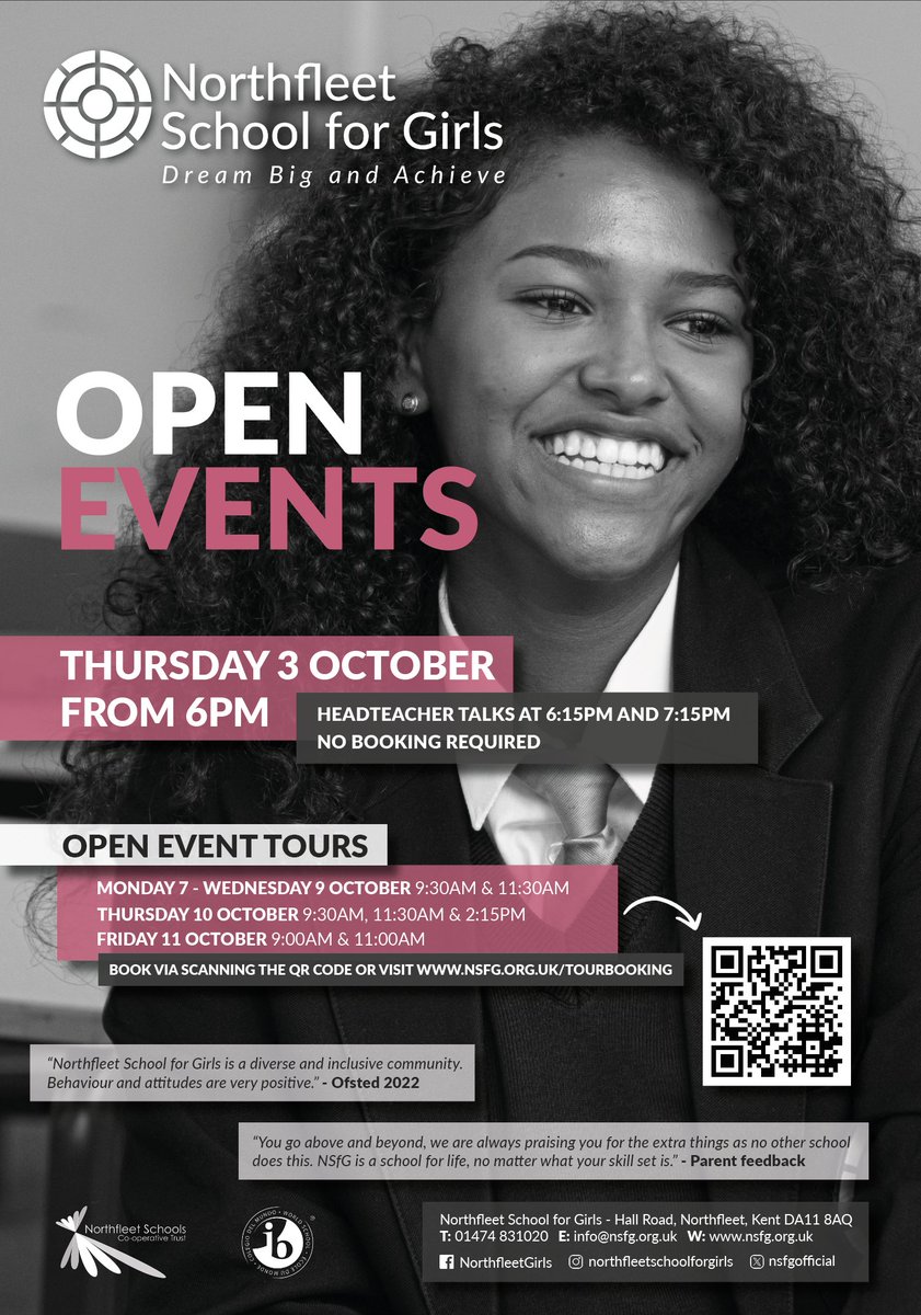 🚨Open Events for Year 7 students Sept 2025🚨

- Open Eve: Thurs 3 Oct - no need to book.
- Day tours: nsfg.org.uk/tourbooking

We look forward to welcoming you to our school.

#gravesend #meopham #northfleet #dartford #ebbsfleet #isteadrise #hartley #longfield #vigo #shorne