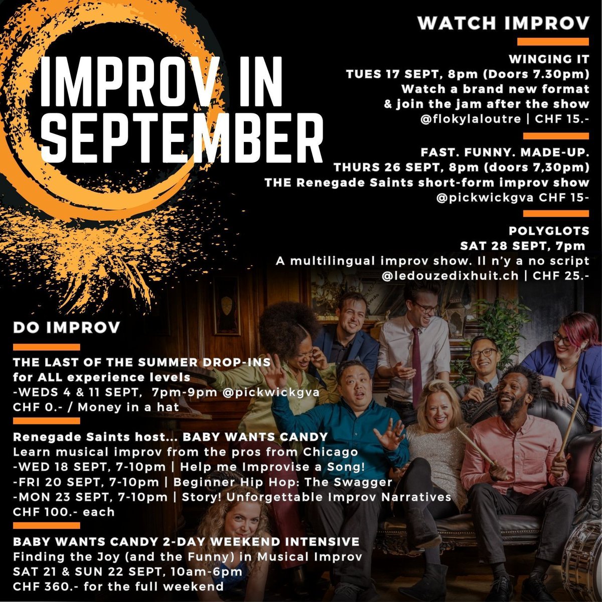 RSIMPROV's tweet photo. Musical improv superstars Baby Wants Candy (@babywantscandy) are coming to Geneva to teach you how to sing, rap, and tell unforgettable improvised stories!

Sign up for workshops now at https://t.co/tWB1aVQ61B 
For shows, you can buy tickets at the venue on the night (cash/twint) https://t.co/SAOQnhW50s