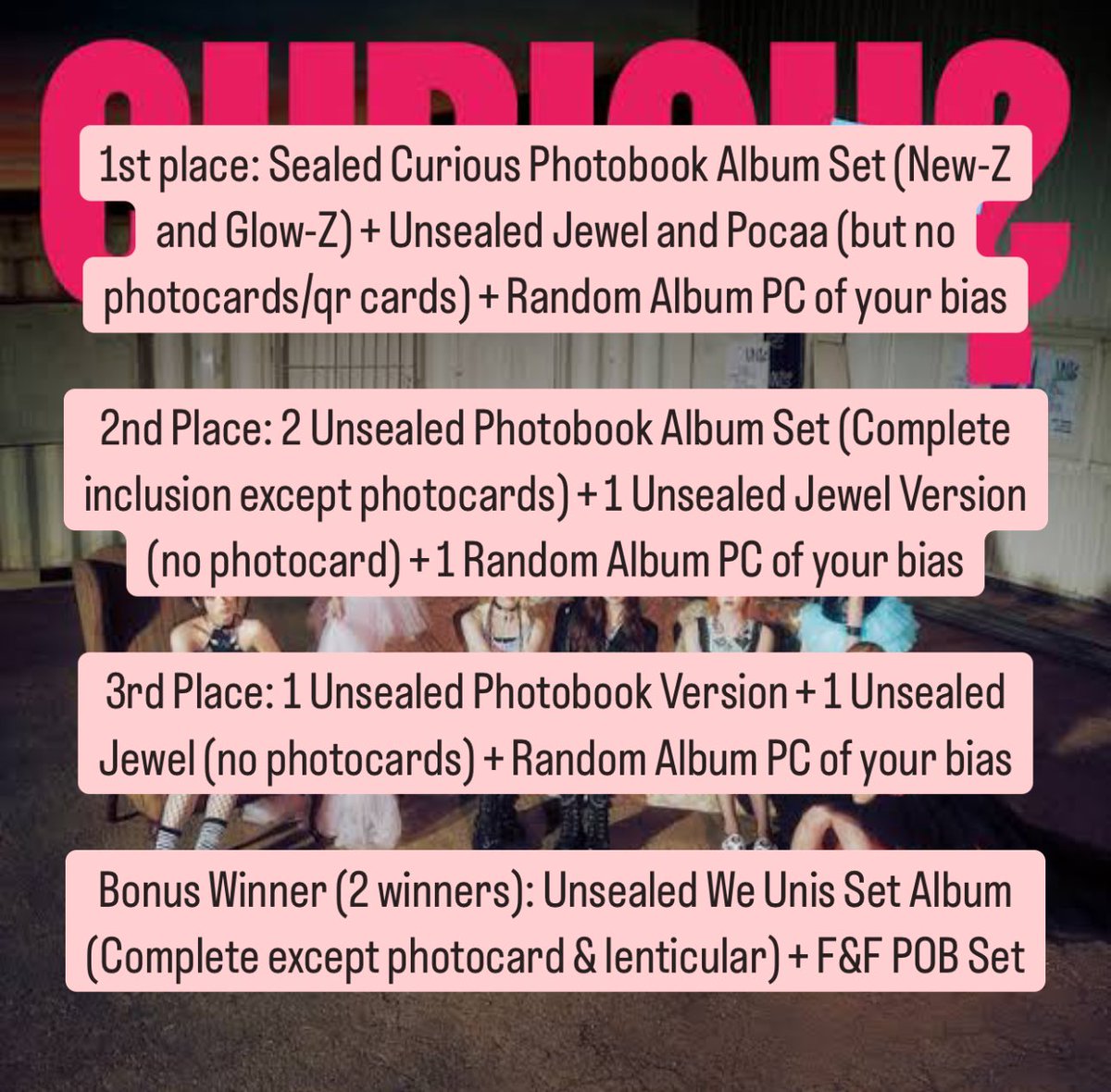ALBUM GIVEAWAY

Mechanics:
1. Follow and RT this post.
2. RT pinned tweet in my profile.
3. Tag 2 friends and comment who your bias is from UNIS. 

Bonus entry: If you ordered from my pinned tweet!

Comment proof of Step 1 and 2 below!

Prizes in the photo!

Deadline: Sept 20