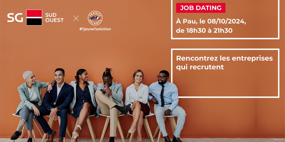 Vous cherchez un emploi près de chez vous ? 🌍 Venez à notre Job Dating à #Pau le mardi 8 octobre, avec <a href="/SG_etvous/">SG et Vous</a> ! Ambiance détendue, échanges avec des recruteurs et opportunités à saisir. 
Préinscription 👉 job.wiz.bi/Rc52u