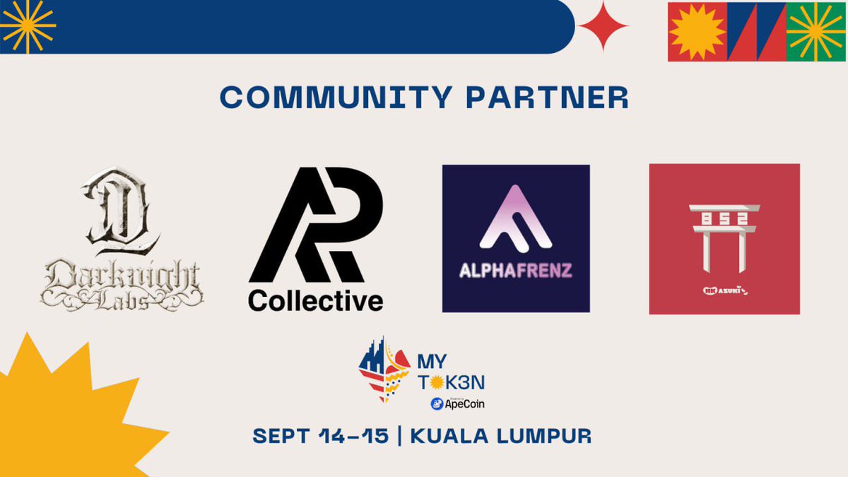 mytokenasia's tweet photo. A successful Web3 event thrives on the unwavering support of both local and international communities. MY Token is excited to introduce the following esteemed community partners: 

@DarknightLabs: Founded by @DarknightHimslf, Darknight Labs is home to The Win-Win Society @WinWinSocietyHQ 🎼 and the Win-Win Ecosystem, a community of international Web3 builders and contributors focused on creating win-win solutions together. 

@apcollective @APCollectiveHub: The ultimate Web3 marketing and growth strategies company. With over 100 successful campaigns, AP Collective consistently delivers results, amassing over 8 million X followers, 1.5 million Discord members, more than $30 million in revenue, and 5,000 partnership clients. 
 
@alphafrenz: A passionate community of Web3 enthusiasts and pioneers, united in their shared love for the space. 
 
@Azuki_852Garden: The Web3 community of 'Human Beanz' based in Hong Kong. 
 
We deeply appreciate the ongoing support from our community partners, their founders, and members. Together, we’re making this event a resounding success. 🫡