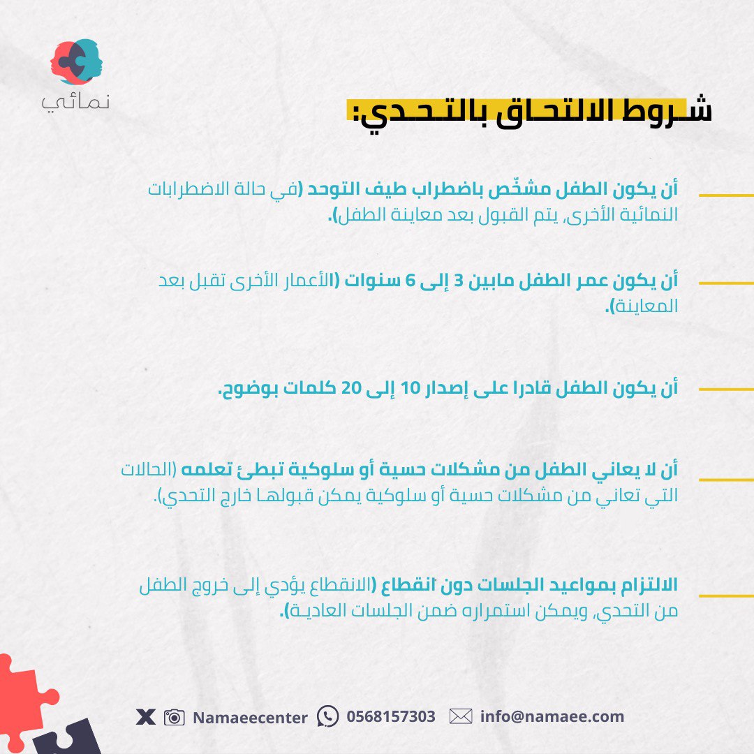 namaeecenter's tweet photo. طفلك مشخّص باضطراب طيف #التوحد قادرًا على إنتاج الكلمات؟ لكنه لايوظف اللغة ولايعبر عن احتياجاته؟

هذا التحدي #تحدي_نمائي صُمّم خصيصًا لتحفيز طفلك على الطلب والتواصل اللغوي خلال ٣ أشهر! 👦👧

📌 ضمان استرداد المبلغ كاملًا. https://t.co/NdMXbQHtKK