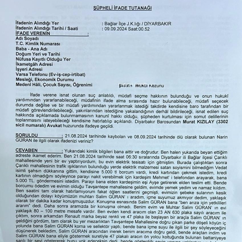 alicanuludagg's tweet photo. İşte Narin Güran'ın cesedini, amcası Salim Güran'ın 200 bin TL para karşılığı dere yatağına götüren komşusu N.B.'nin ifadesinin tam metni:

'Muhtar çuval istedi, bunu yok edeceksin dedi' 

'Çuvalın ağzını bağlarken Narin olduğunu anladım'

'Dere yatağına götürdükten sonra, eve dönüp namaz kıldım, aramalara katıldım'

https://t.co/fl1Do2e6L4