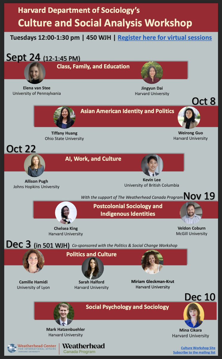 elenavanstee's tweet photo. I'm excited to kick off the Fall '24 @HarvardCulture series with Jingyun Dai! If you're interested in social class, families, education, or a free lunch--join us in WJH 450 at noon on 9/24. 
Far-away friends, you can join via Zoom! (alas, no lunch). Register ➡️ https://t.co/xhj2Ume41Q