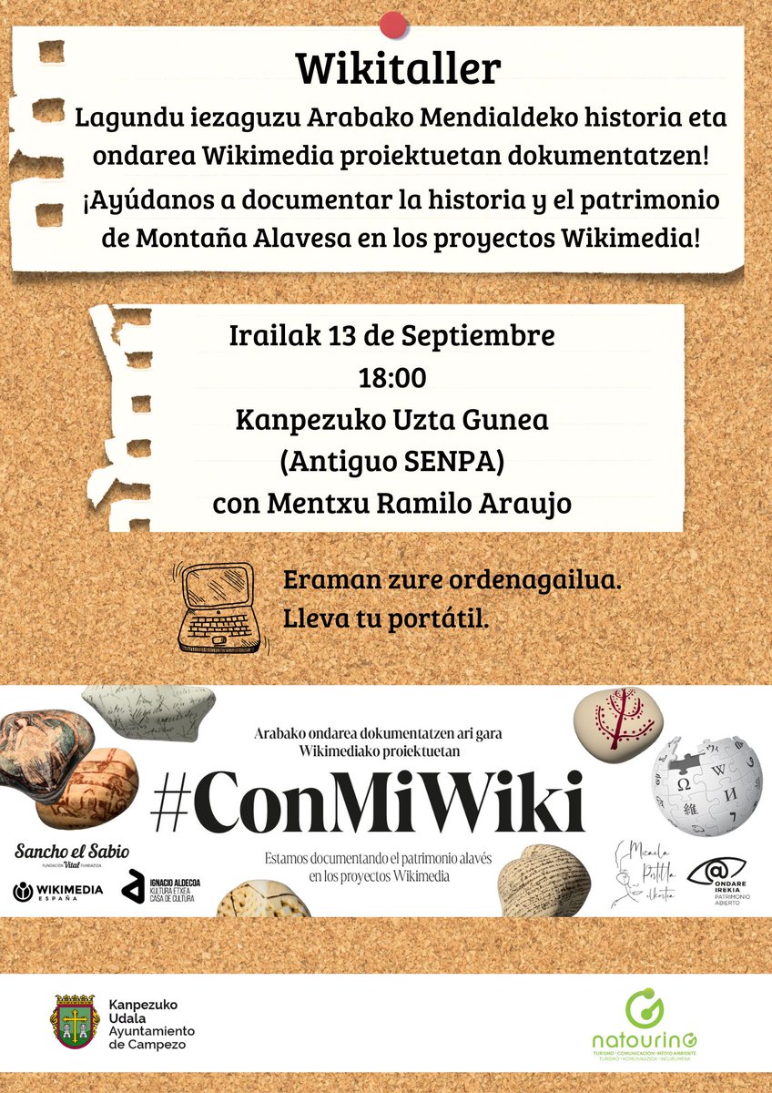 natourinG's tweet image. Wikitaller con @mentxuwiki.
Irailak 13 de septiembre 18:00
#Kanpezu-ko Uzta Gunea,
Santa Cruz de #Campezo,
#MontañaAlavesa #ArabakoMendialdea
#Wikimedia #ConMiWiki