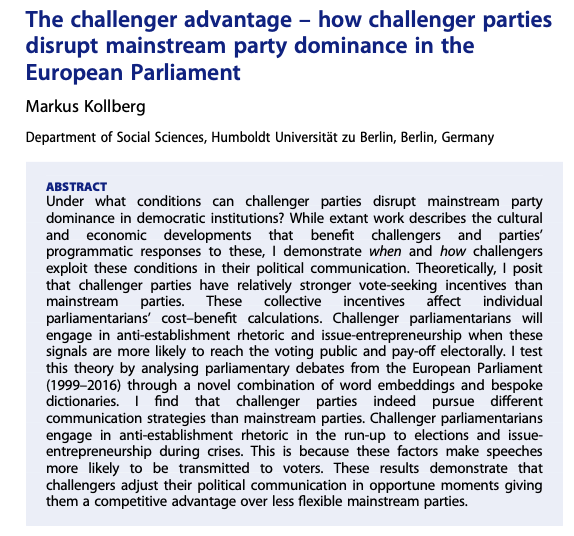 Really excited to see my paper on challenger party strategies in parliament being published in <a href="/jepp_journal/">JEPP</a>! 🎉🥳
❓: Under what conditions do challenger parties use anti-establishment rhetoric and issue-entrepreneurship when competing with mainstream parties?