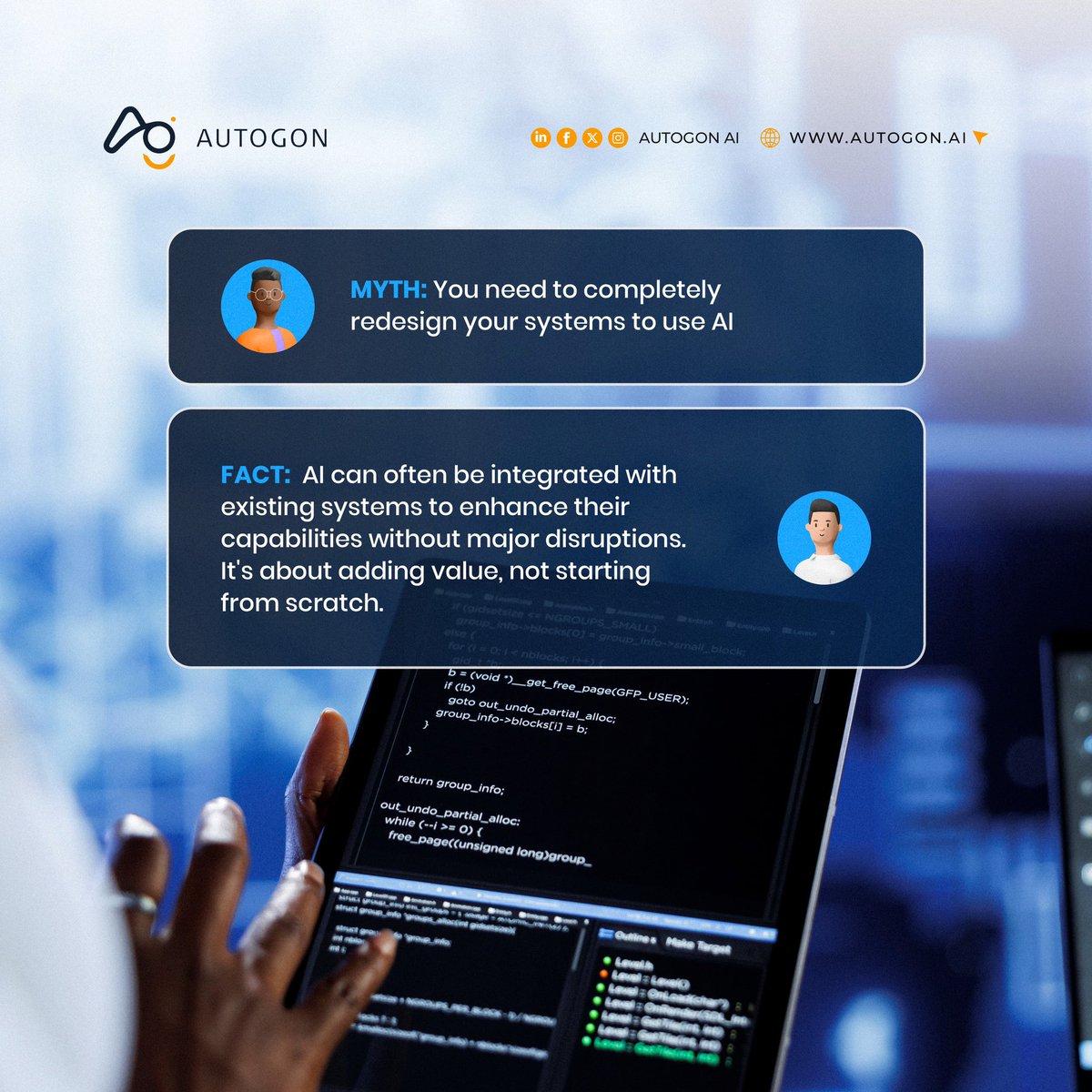 Autogon_AI's tweet image. AI integration doesn’t mean you need to replace everything. It can easily enhance your current systems, making your work more efficient without major changes.

#AutogonAI #AIMyths #TechUpgrade #SmartSolutions #EfficiencyBoost #Innovation #BusinessGrowth