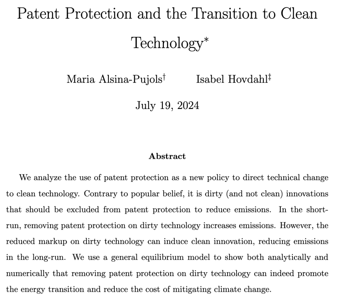 💡 Just accepted 💡 in <a href="/JaereAere/">JAERE</a>:

"Patent Protection and the Transition to Clean Technology" by Maria Alsina-Pujols (<a href="/MaAlsina/">Maria Alsina-Pujols</a>) and Isabel Hovdahl

Read it here: journals.uchicago.edu/doi/10.1086/73…