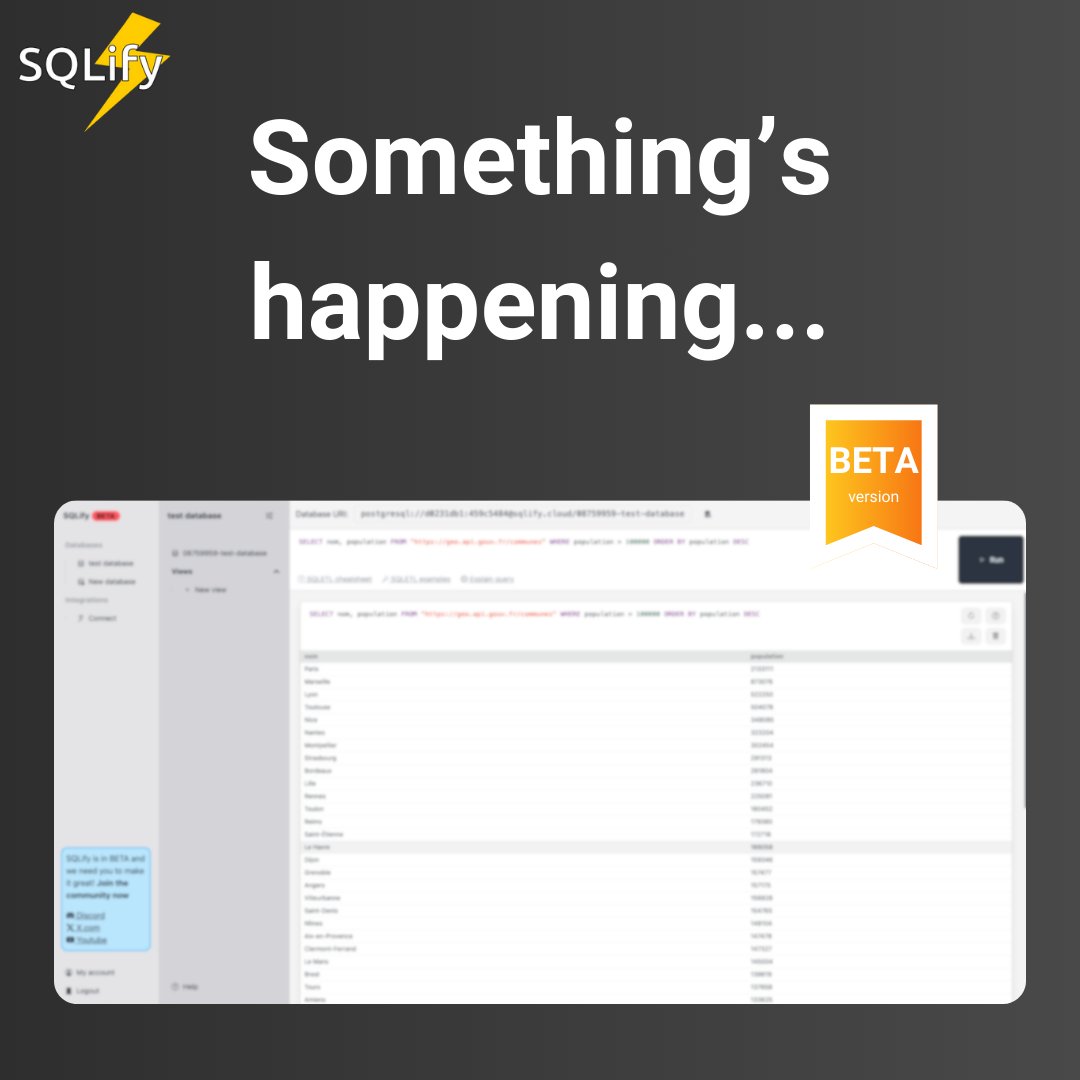 SQLify_me's tweet image. Imagine accessing all your data sources effortlessly, in real-time, with just one simple SQL query !
Soon available...