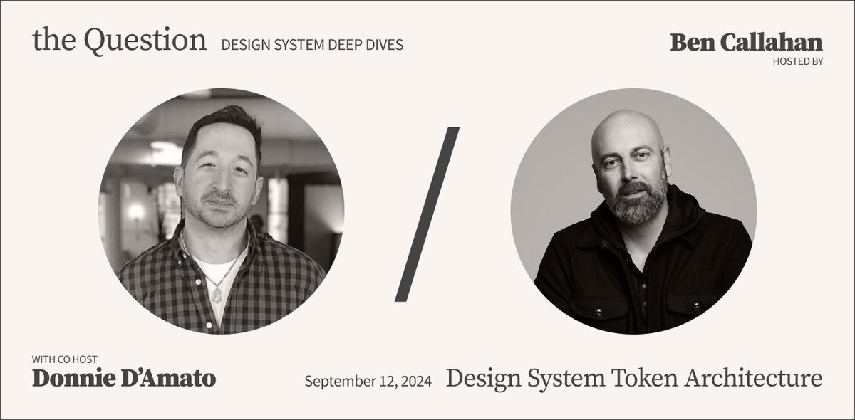 Ben Callahan (@bencallahan) on Twitter photo Hi curious #designsystem folks! The Question is live & this week my co host is <a href="/donniedamato/">Donnie D'Amato, BFA., MA.</a>. We're asking you about your token architecture and naming (and the process you used to figure them out).
Answer today, join the deep dive on Thur at 1pm EST!
bit.ly/3XfzbdT Hi curious #designsystem folks! The Question is live & this week my co host is <a href="/donniedamato/">Donnie D'Amato, BFA., MA.</a>. We're asking you about your token architecture and naming (and the process you used to figure them out).
Answer today, join the deep dive on Thur at 1pm EST!
bit.ly/3XfzbdT