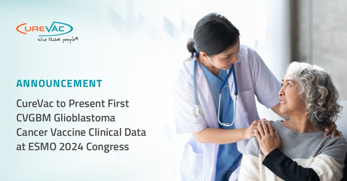 We’re pleased to announce we will be presenting the first data from our ongoing Phase 1 CVGBM #cancervaccine study at the <a href="/myESMO/">ESMO - Eur. Oncology</a> Congress 2024.

You can find more details in our press release here:
curevac.com/en/curevac-to-…

#ESMO24 #mRNA #CancerVaccines #CancerResearch