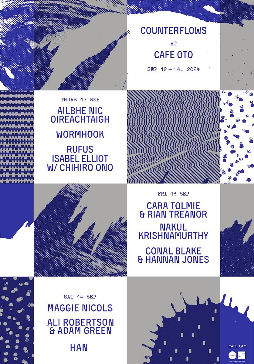 This Thursday, Friday &amp; Saturday Counterflows will be taking over London's <a href="/Cafeoto/">Cafe OTO</a>  🥳

A 3 day showcase welcoming Scottish and Scottish-based artists either in solo or in collaboration.

Come join us!

counterflows.com/counterflows-a…