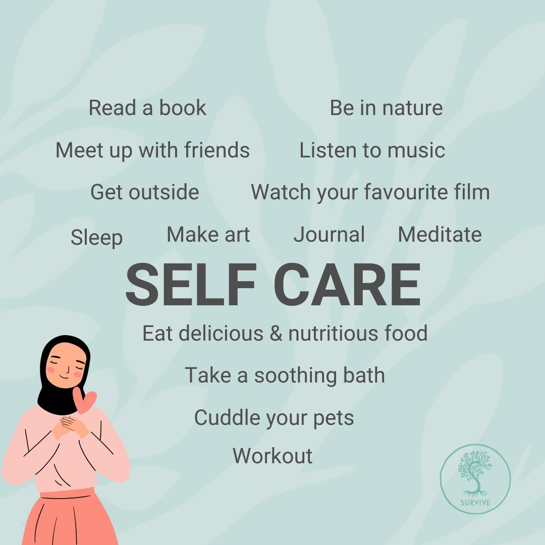 Survive (@survive_nyorks) on Twitter photo Let's talk #SelfCare!
Here are some of our team's favourite things to do to look after ourselves. What would you add? Let's talk #SelfCare!
Here are some of our team's favourite things to do to look after ourselves. What would you add?