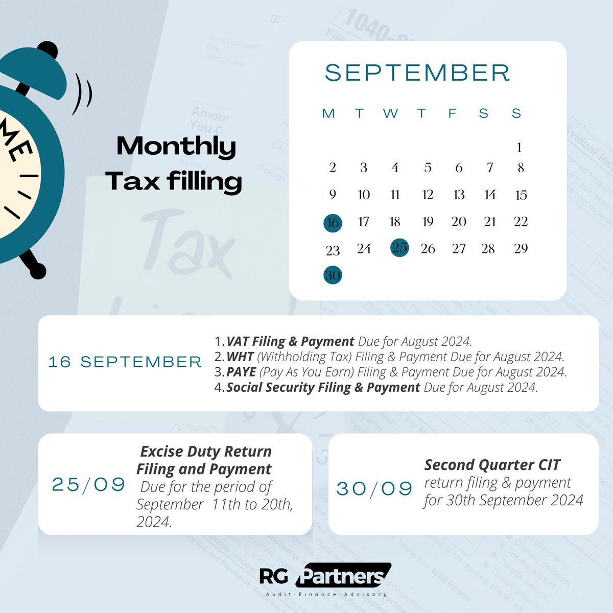 RG Partners (@rgpartnersltd) on Twitter photo September 2024 Tax Deadlines are here! Stay compliant and avoid penalties by filing your returns on time. Mark these important dates on your calendar and get ahead of your taxes!
For more info <a href="/rrainfo/">Rwanda Revenue Authority (RRA)</a> #TaxDeadlines #StayCompliant Follow us for more #FinanceTips September 2024 Tax Deadlines are here! Stay compliant and avoid penalties by filing your returns on time. Mark these important dates on your calendar and get ahead of your taxes!
For more info <a href="/rrainfo/">Rwanda Revenue Authority (RRA)</a> #TaxDeadlines #StayCompliant Follow us for more #FinanceTips