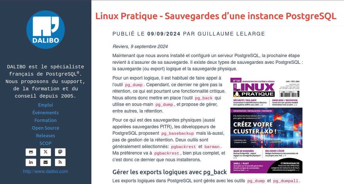 dalibo's tweet photo. 3e article tiré du mag #Linux Pratique. Cette fois, on s'intéresse aux sauvegardes => https://t.co/YrQ2ng0v6i

#PostgreSQL #DBA #SGBD
#sauvegarde #pgBackRest
#opensource #logicielsLibres
@editionsdiamond https://t.co/WbsQcOomQ7