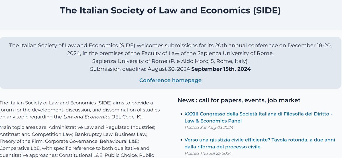 AFED (@assofrecodroit) on Twitter photo 🇮🇹 La conférence annuelle de l'association italienne (SIDE) en décembre à Rome <a href="/SapienzaRoma/">Sapienza Università di Roma</a>.
Il vous reste quelques jours pour soumettre vos articles : side-isle.it/conference/2024 🇮🇹 La conférence annuelle de l'association italienne (SIDE) en décembre à Rome <a href="/SapienzaRoma/">Sapienza Università di Roma</a>.
Il vous reste quelques jours pour soumettre vos articles : side-isle.it/conference/2024