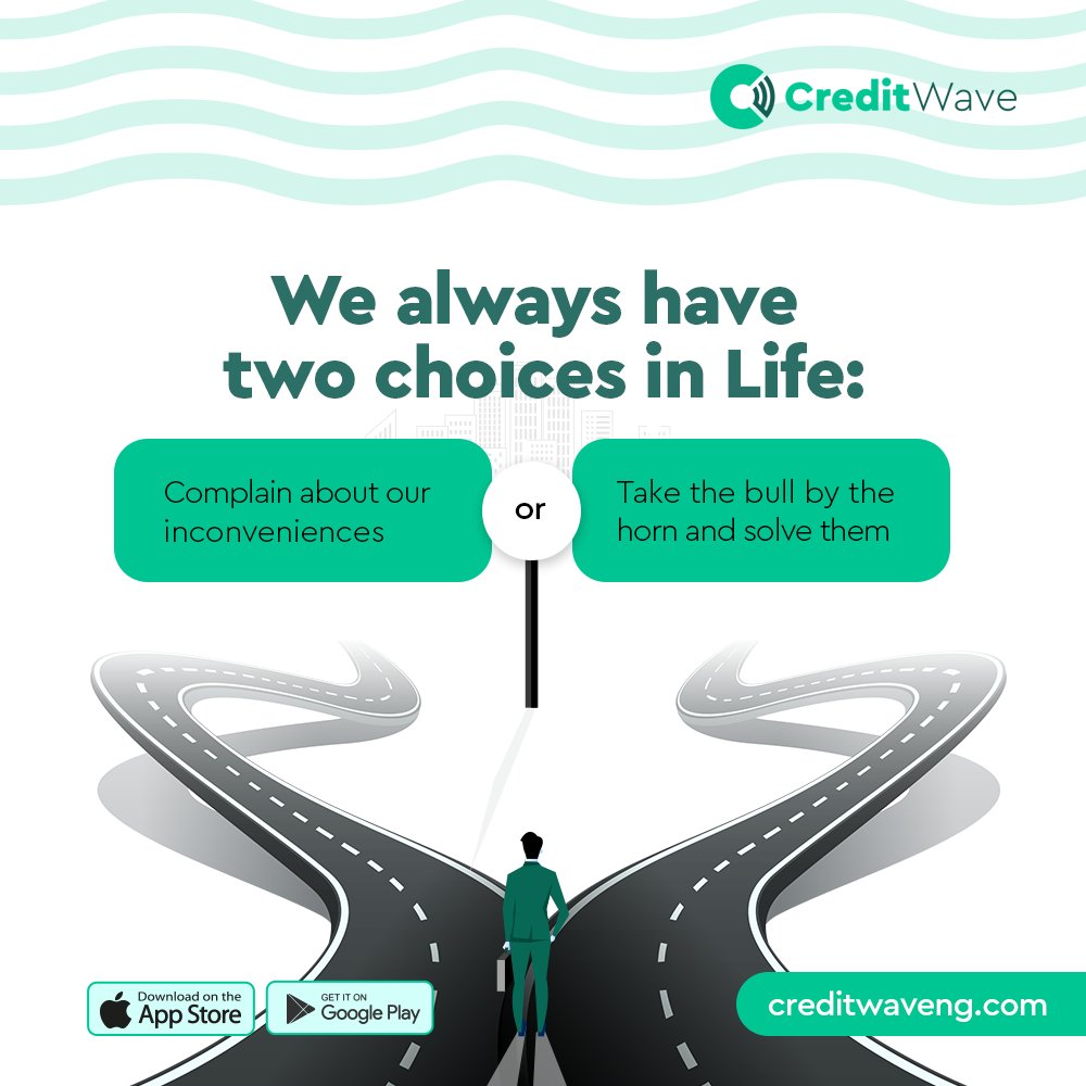 Life gives us choices: Either we complain about our problems, or we tackle them head-on! 💪🏾 

Take control today and make the smart choice 🚀
.
.
.
#TakeControl #CreditWave #FinancialFreedom #ProblemSolvers