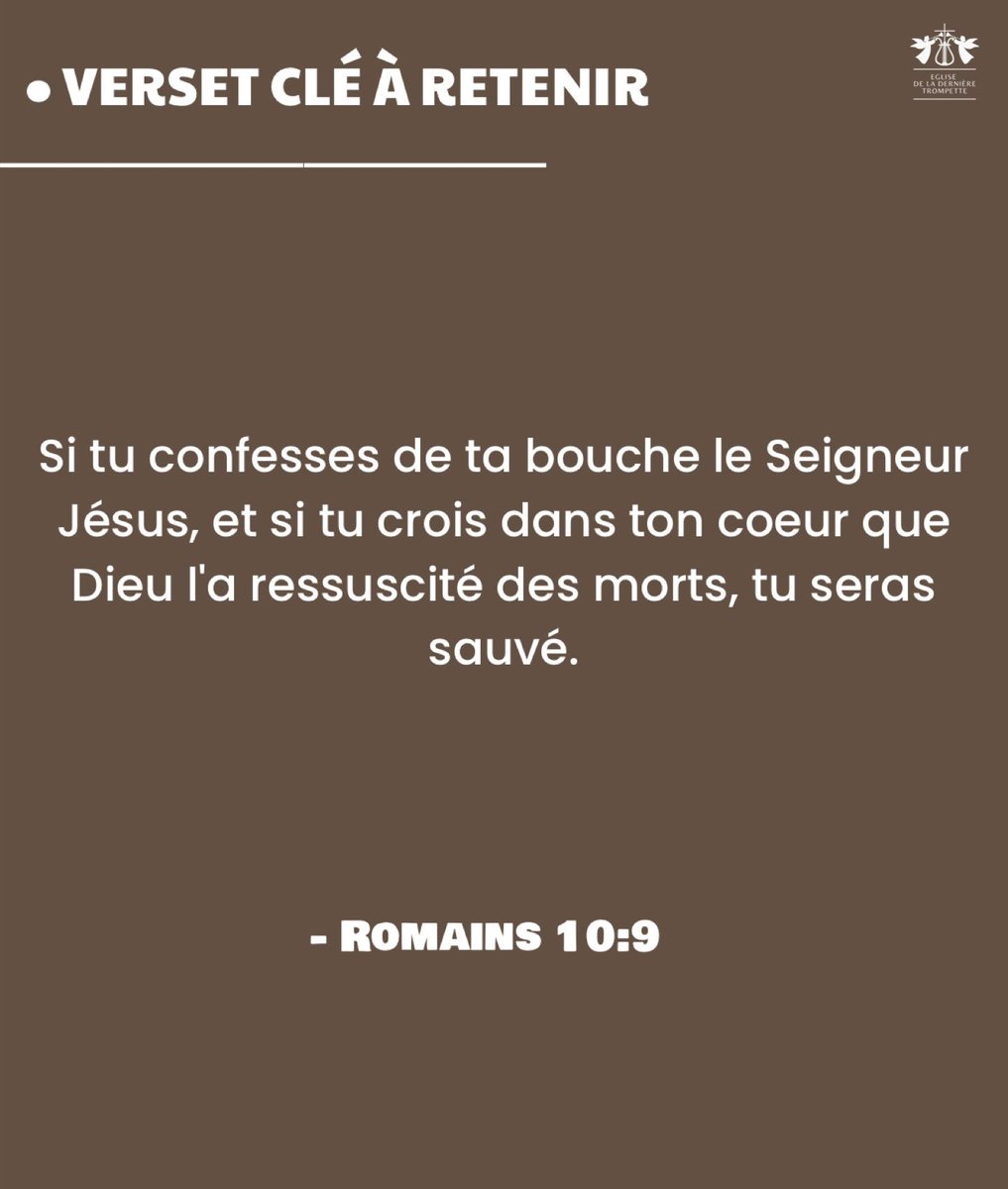 ETrompette's tweet photo. Verset de la semaine !

« Si tu confesses de ta bouche le Seigneur Jésus, et si tu crois dans ton coeur que Dieu l'a ressuscité des morts, tu seras sauvé. - Romains 10:9 »

Que votre semaine soit béni ! https://t.co/KPc3OTfqp3