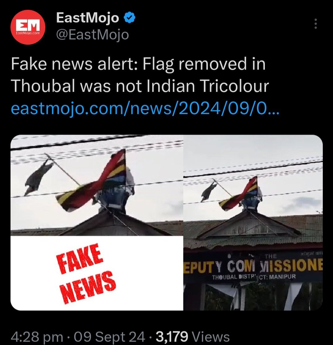 <a href="/BenjaminMate1/">H S Benjamin Mate</a> is reportedly involved in spreading #fakenews regarding the removal of a flag in Thoubal,claiming it to be the Indian Tricolour. However,reliable sources like <a href="/EastMojo/">EastMojo</a> have clarified that the flag removed was not the Indian national flag, and such claims are false