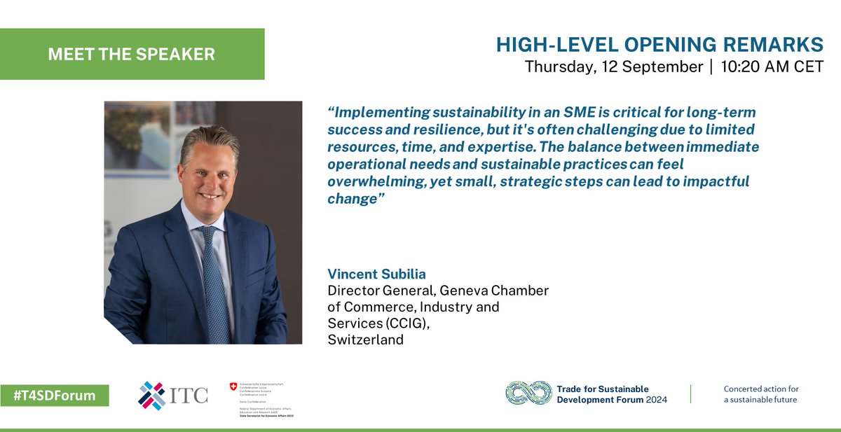 ITCnews's tweet photo. We’re thrilled to welcome Mr. Vincent Subilia, the Director General of the Geneva Chamber of Commerce, Industry &amp; Services (CCIG), to deliver the high-level opening remarks at the #T4SD Forum!

Register now for online participation!🔗 https://t.co/oF5NAisxfC https://t.co/qWihRXVUct