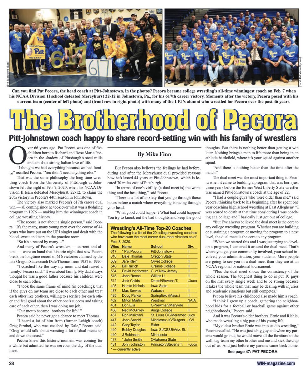 WINWrestlingMag's tweet image. RIP Pat Pecora.

"I thought we had everything because we had family. You didn't need anything else."

The winningest college wrestling coach touched and inspired countless lives.

This article originally appeared in the February 2020 issue of WIN Magazine.