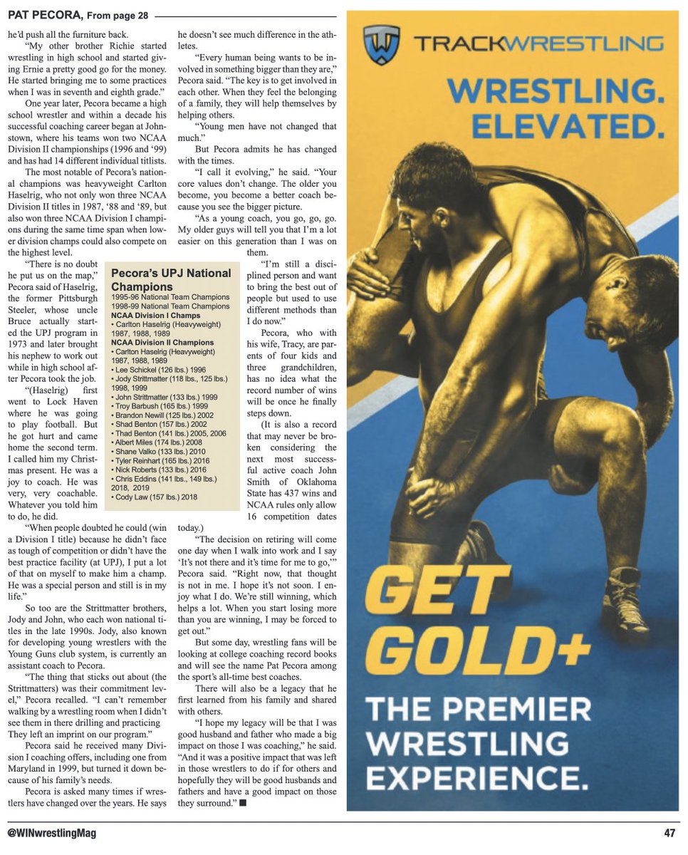 RIP Pat Pecora.

"I thought we had everything because we had family. You didn't need anything else."

The winningest college wrestling coach touched and inspired countless lives.

This article originally appeared in the February 2020 issue of WIN Magazine.