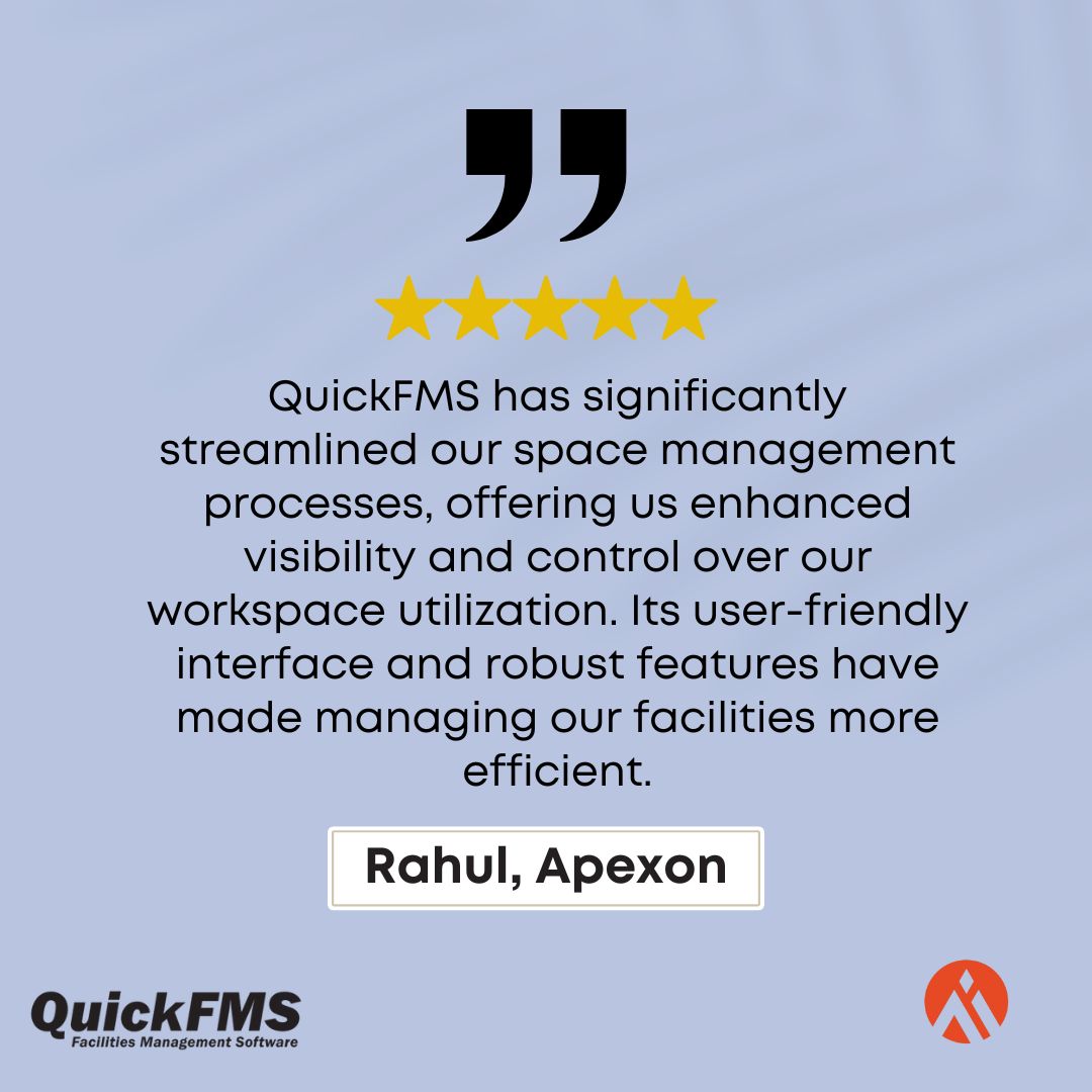 QuickFMS's tweet image. We're committed to providing the best possible experience for our users. Your feedback is essential in helping us achieve that goal. #FacilityManagement #SpaceOptimization #Feedback #QuickFMS #Apexon