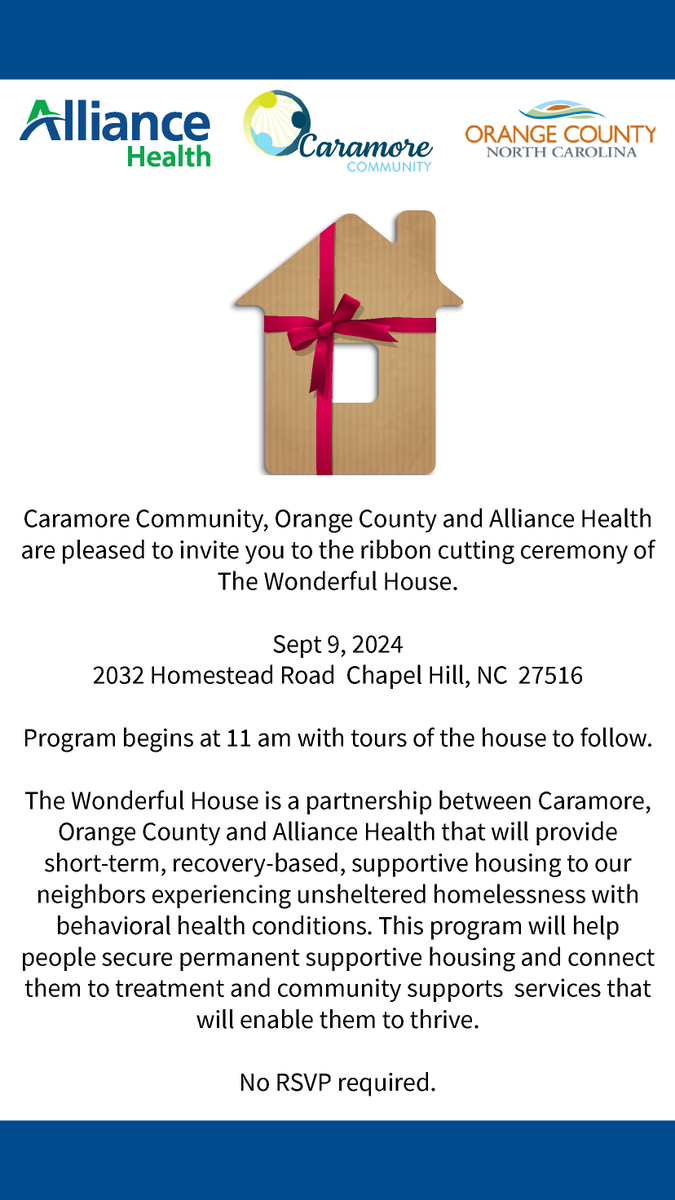 OCNCGOV's tweet photo. Orange County Government will join Alliance Health and Caramore, Inc. on Mon., Sept. 9 at 11 am in opening The Wonderful House, a new bridge housing project at 2032 Homestead Road, Chapel Hill. A ribbon cutting will be held and tours of the house.  
 https://t.co/JLoDeClPVj https://t.co/i1SeHRRQf5