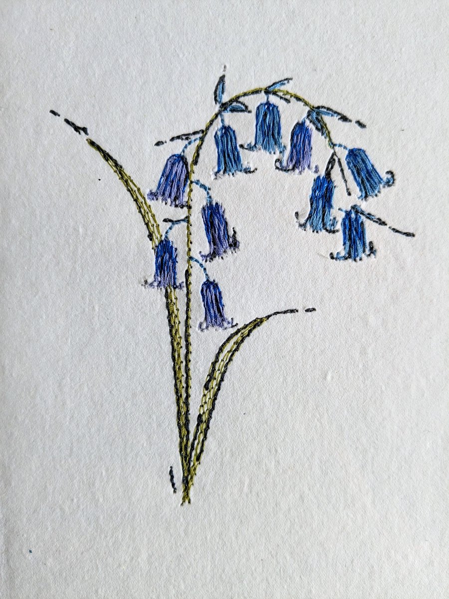 Linenhearts's tweet photo. A little experiment today, embroidering using lyocell sustainable threads on to handmade paper. Whatever you're doing - enjoy your day! #embroideryart #experimentingwithart #bluebells #wildflowers https://t.co/xiDkPaF6Be
