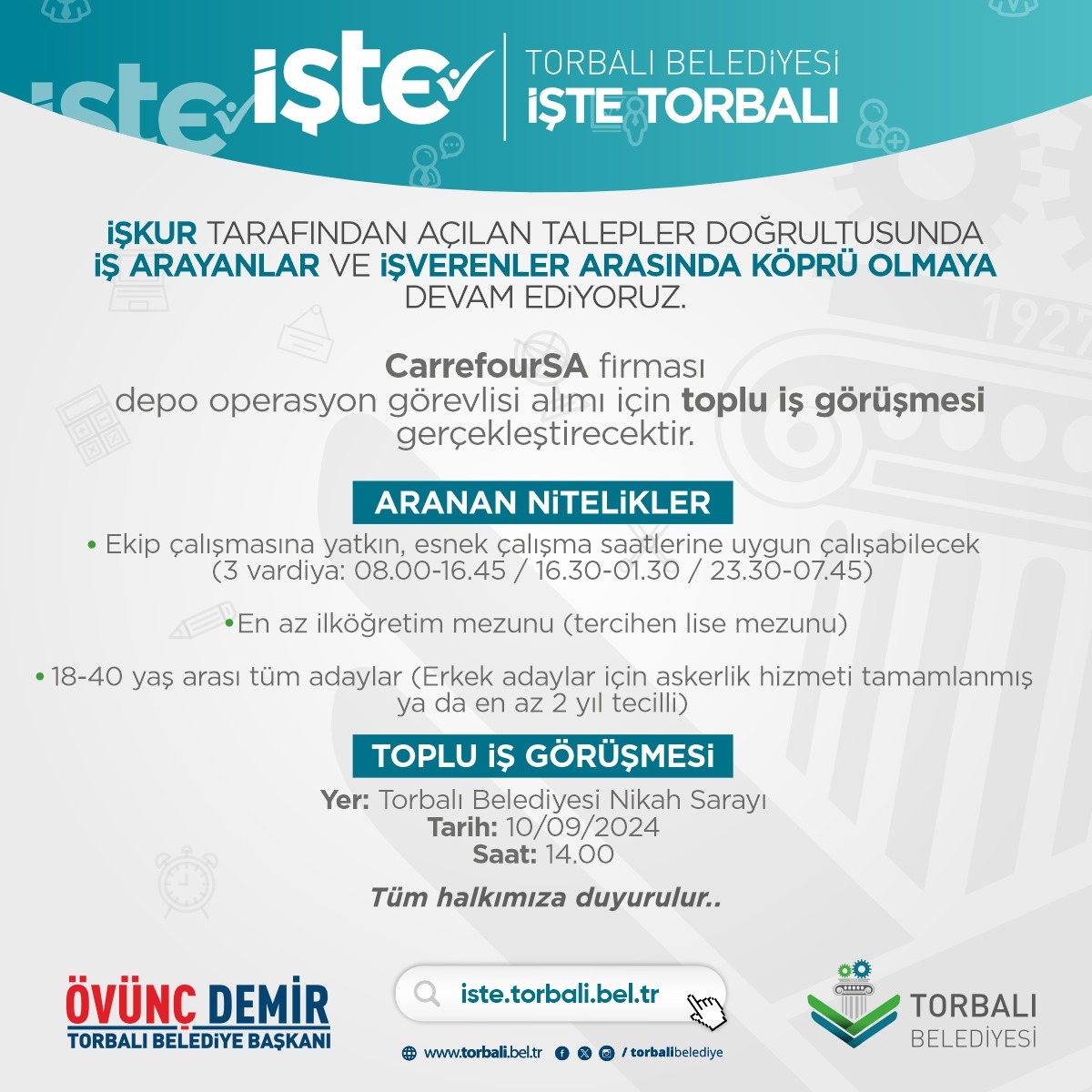 'İşte Torbalı' projesi ile İŞKUR tarafından açılan talepler doğrultusunda iş arayanlar ve işverenler arasında köprü olmaya devam ediyoruz.