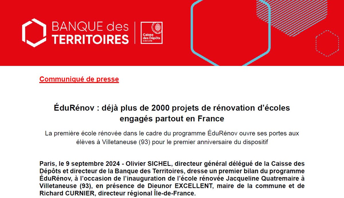Caisse des Dépôts - Presse (@cdc_presse) on Twitter photo <a href="/oliviersichel/">Olivier Sichel</a>, directeur général délégué de la Caisse des Dépôts et directeur de la <a href="/BanqueDesTerr/">Banque des Territoires</a> dresse un 1er bilan du programme #ÉduRénov à l’occasion de l’inauguration de l’école rénovée Jacqueline Quatremaire <a href="/Villetaneuse/">Ville de Villetaneuse</a>
Le communiqué➡️urlr.me/LXtwx <a href="/oliviersichel/">Olivier Sichel</a>, directeur général délégué de la Caisse des Dépôts et directeur de la <a href="/BanqueDesTerr/">Banque des Territoires</a> dresse un 1er bilan du programme #ÉduRénov à l’occasion de l’inauguration de l’école rénovée Jacqueline Quatremaire <a href="/Villetaneuse/">Ville de Villetaneuse</a>
Le communiqué➡️urlr.me/LXtwx