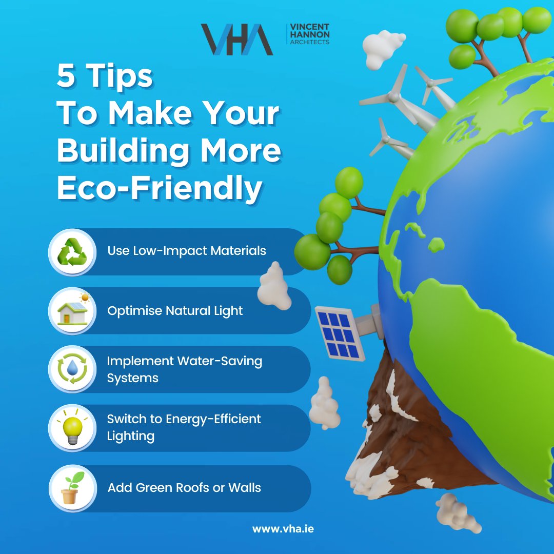 VHArchitects's tweet photo. Construction and the Built Environment are responsible for 37% of Ireland’s emissions; 23% of these are operational emissions. On Day 5 of World Green Building Week, we look at 5 simple ways to make your building more eco-friendly🌱🏢 
#WGBW2024 #BuildingLife #ActNowForClimate https://t.co/QY44ycBWV4