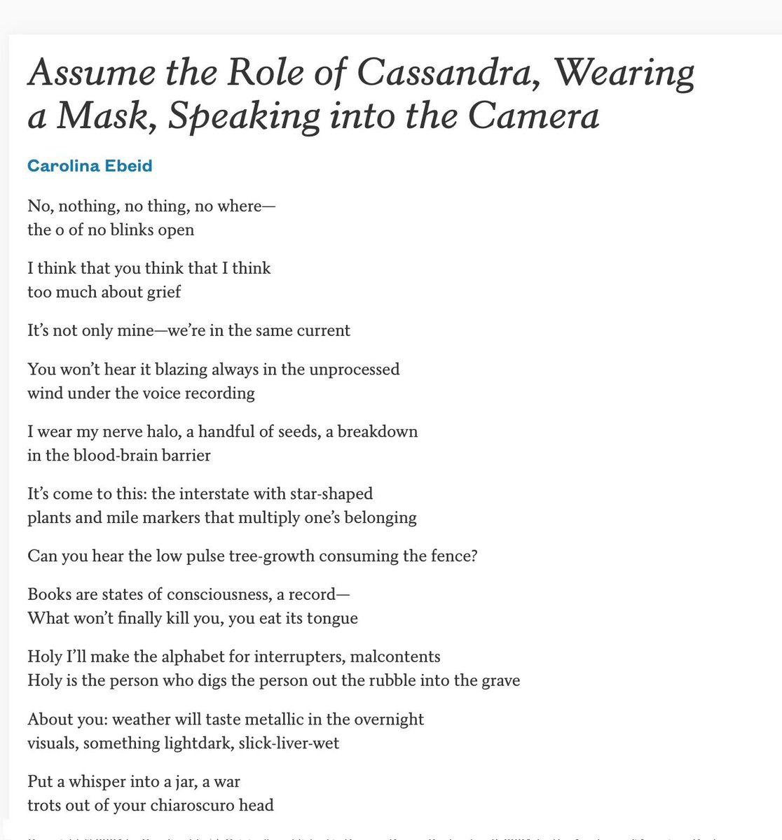 Carolina Ebeid (@carolinaebeid) on Twitter photo I’ve got a new poem, and I’m grateful to the editorial curation of <a href="/sawakonakayasu/">Sawako Nakayasu</a> and <a href="/POETSorg/">Academy of American Poets</a> that I get to share it with you 🖤🤍💚❤️
poets.org/poem-a-day I’ve got a new poem, and I’m grateful to the editorial curation of <a href="/sawakonakayasu/">Sawako Nakayasu</a> and <a href="/POETSorg/">Academy of American Poets</a> that I get to share it with you 🖤🤍💚❤️
poets.org/poem-a-day
