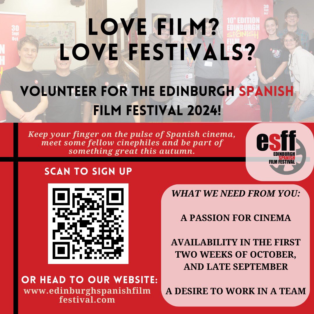 ESFF 24 is looking for volunteers to join our team🚨

We are looking for passionate cinephiles or Hispanic culture enthusiasts to help us out in our 11th edition. This is a perfect opportunity to watch some of the latest Hispanic films, join a team and meet like- minded people.