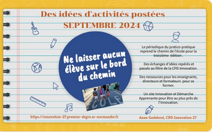 En cette rentrée 2024 , voici la 3éme édition des
idées d'activités postées" Ne laisser aucun élève sur le bord du chemin" …tion-27.premier-degre.ac-normandie.fr/spip.php?artic… Merci pour tous vos partages riches😀 <a href="/Apprenante27/">Circonscription apprenante - Val-de-Reuil (27)</a> <a href="/CardieNormandie/">CARDIE de l'académie de Normandie</a> @MoncadaFra