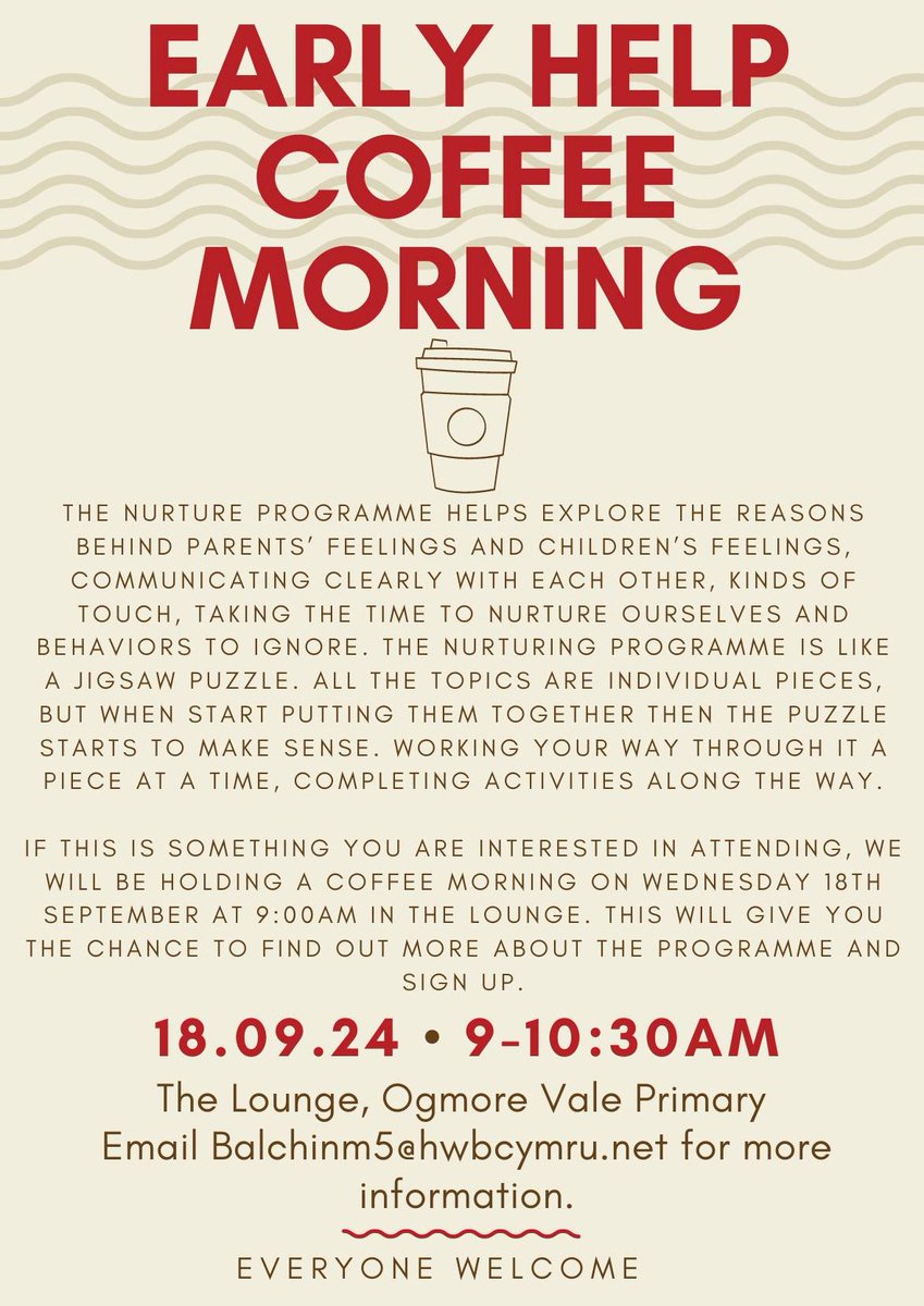 Come along to our Coffee morning on the 18th September at 9:00am to find out more about the Nurture programme we will be running. #theOVway