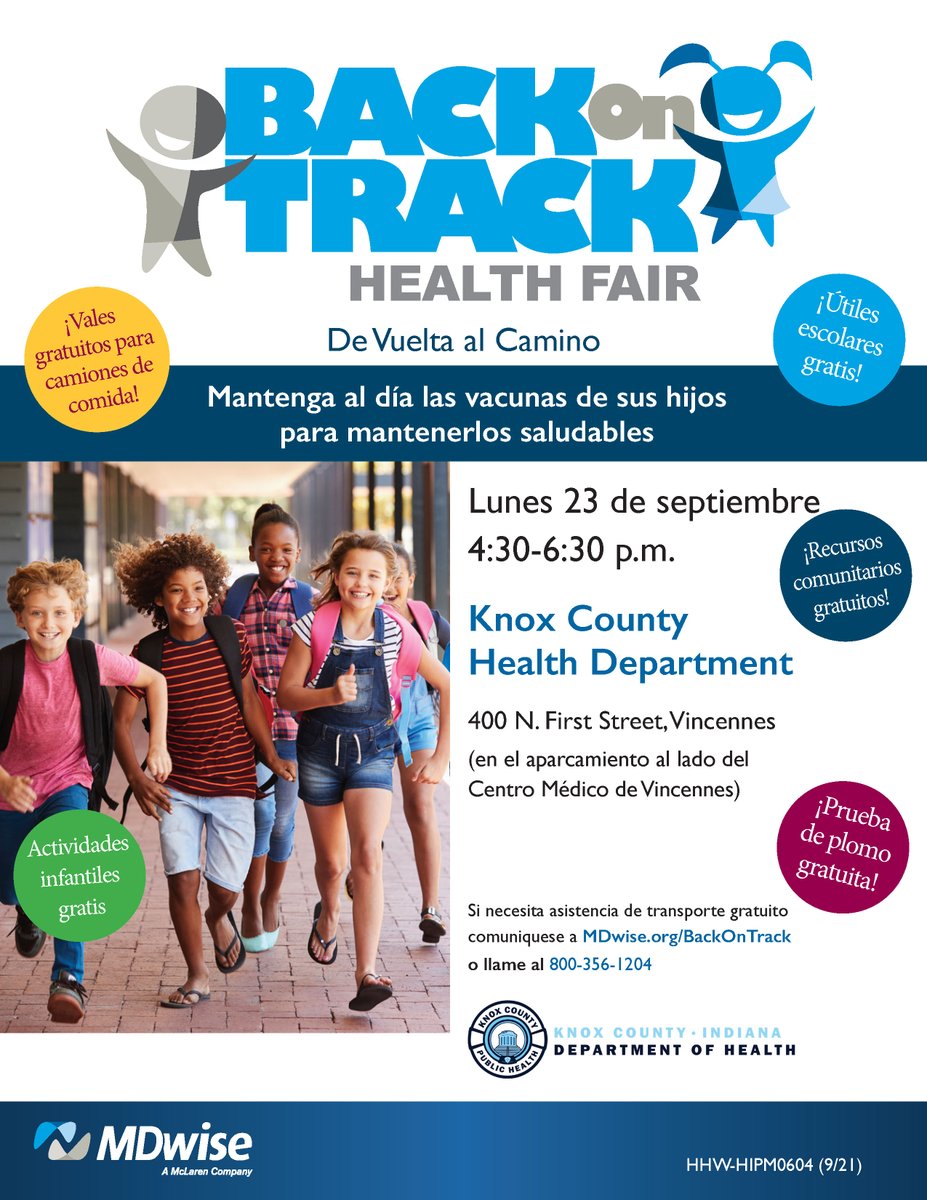Come see us Monday, September 23 at the Knox County Health Department for free kids activities, food, lead testing and immunizations for kids and adults!
MDwise.org/BackOnTrack