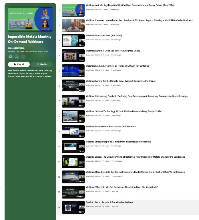 ImpossibleMetals (@impossmetals) on Twitter photo #DYK that we have a monthly #webinar series? And even better, we've collected them in this playlist so you can watch them #ondemand.
Have a question or comment? Respond on #YouTube, reply to this post, or email info@impossiblemetals.com
zurl.co/gB7X #DYK that we have a monthly #webinar series? And even better, we've collected them in this playlist so you can watch them #ondemand.
Have a question or comment? Respond on #YouTube, reply to this post, or email info@impossiblemetals.com
zurl.co/gB7X