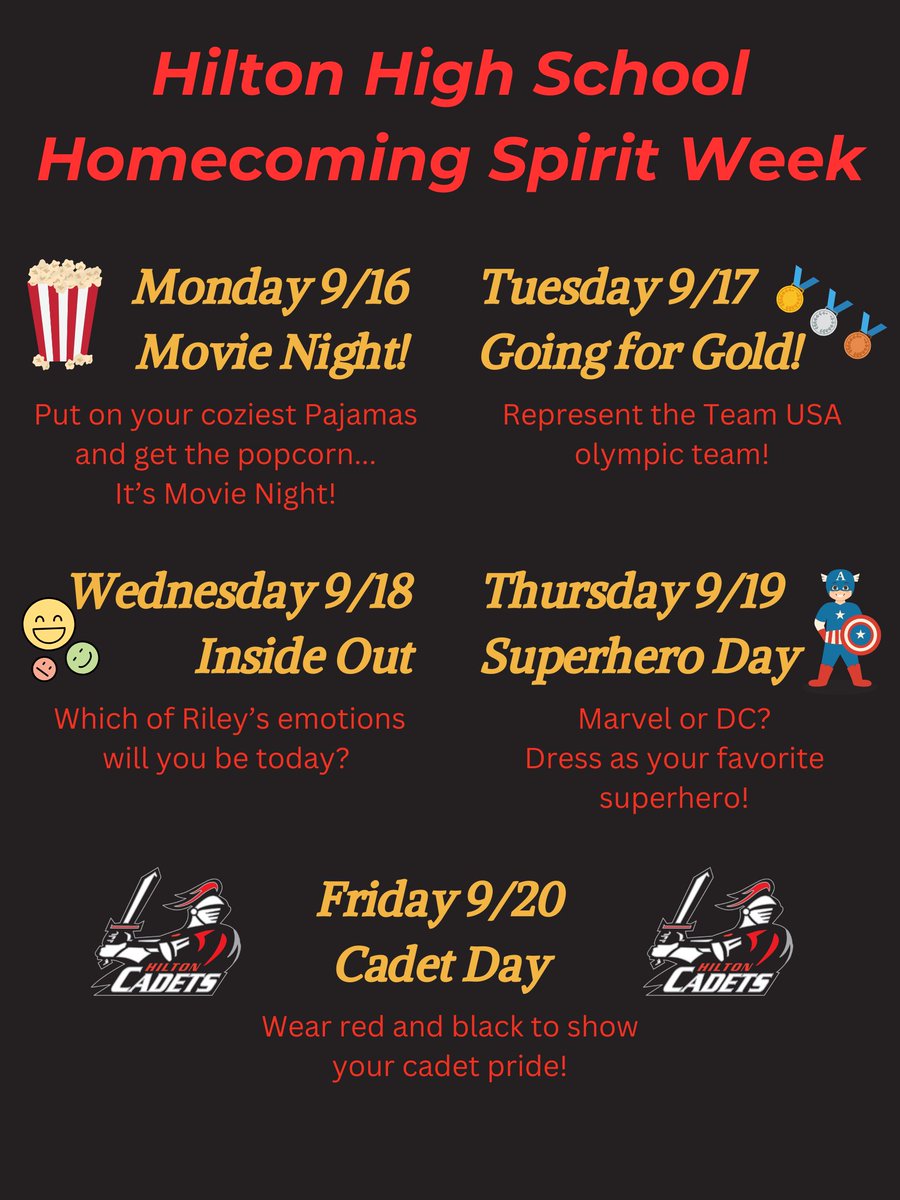 Hilton High School Fall Spirit Week is Mon 9/16- Fri 9/20. #GoCadets