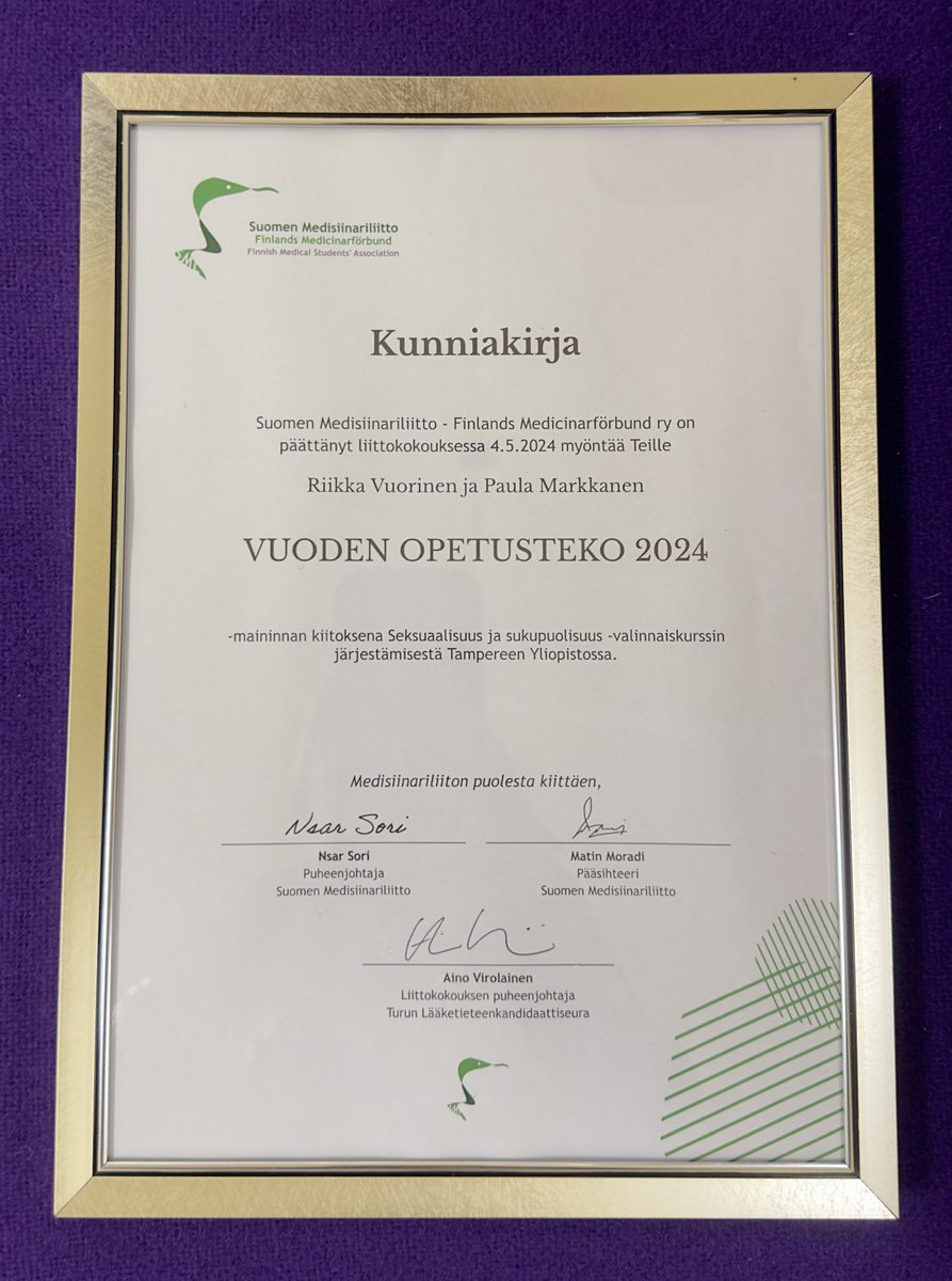 Meidän superopet Riikka Vuorinen ja Paula Markkanen saivat Suomen Medisiinarliiton Vuoden Opetusteko 2024 -palkinnon. Onnea 🎉🎉
Congratulations 🎉🎉🎉
#teachingaward 
@TampereUniMET @TampereUni <a href="/Tays_sairaala/">Tays</a> <a href="/Pirha_fi/">Pirkanmaan hyvinvointialue</a> @TAMK_UAS