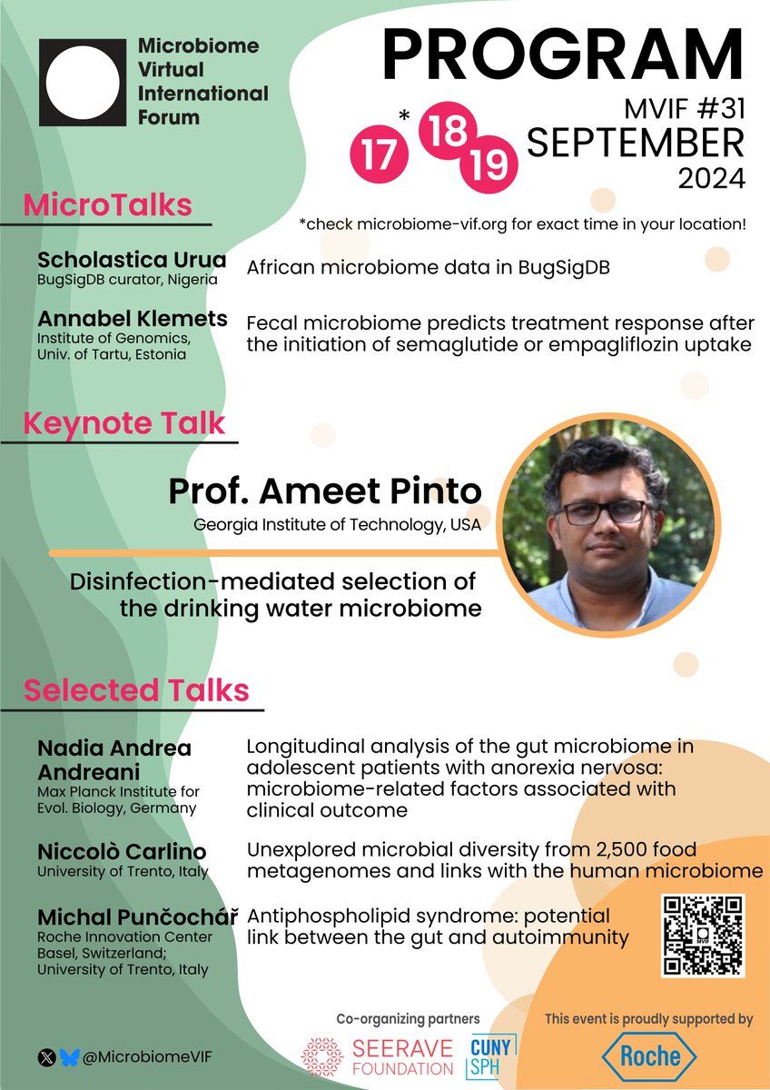Microbiome Virtual International Forum (@microbiomevif) on Twitter photo It's Monday!
...and #MVIF 31 program is out! 🤩
🎆 MicroTalks 🎆
<a href="/dat_scholar/">Scholastica Urua</a>
<a href="/annabel_kls/">Annabel Klemets</a>
⭐️ Keynote:
<a href="/watermicrobe/">Ameet Pinto</a>
⭐️Selected talks:
<a href="/AndreanNadia/">Nadia Andreani</a>
Niccolò Carlino <a href="/cibiocm/">Segata Lab</a>
Michal Punčochář <a href="/Roche/">Roche</a>
Abstracts available here: microbiome-vif.org/en-US/-/future… It's Monday!
...and #MVIF 31 program is out! 🤩
🎆 MicroTalks 🎆
<a href="/dat_scholar/">Scholastica Urua</a>
<a href="/annabel_kls/">Annabel Klemets</a>
⭐️ Keynote:
<a href="/watermicrobe/">Ameet Pinto</a>
⭐️Selected talks:
<a href="/AndreanNadia/">Nadia Andreani</a>
Niccolò Carlino <a href="/cibiocm/">Segata Lab</a>
Michal Punčochář <a href="/Roche/">Roche</a>
Abstracts available here: microbiome-vif.org/en-US/-/future…