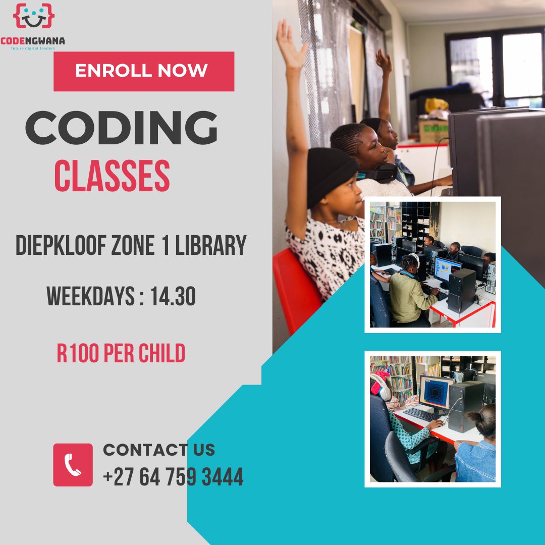 CodeNgwana_1's tweet image. Hi Parents! We are in SOWETO. Prepare your kids for the digital world with exciting coding classes at Diepkloof Zone1 Library . Enroll Today for just as little as R100,weekdays at 14.30pm . Limited spot available Contact us now at 064 759 3444. 
#codenwana #codingforkids #coding