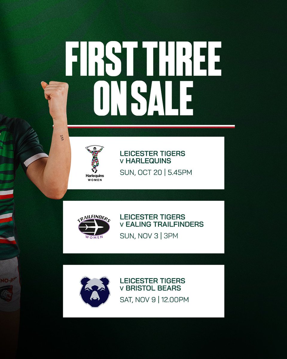 Our first three Premiership Women's Rugby games are all on sale now!

Make The Obvious Choice and purchase a 2024/25 Season Ticket to guarantee entry to all regular season PWR Up and PWR matches 👇
🎟 Tickets.LeicesterTigers.com